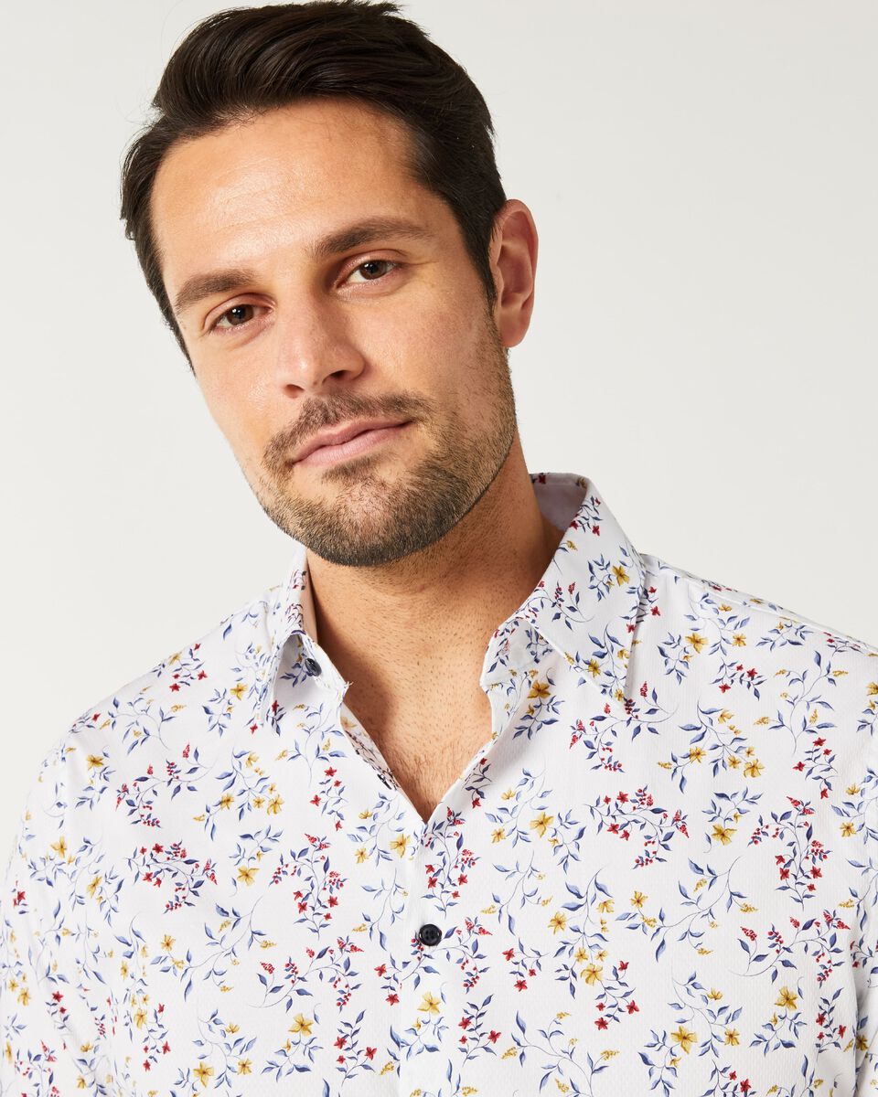 Mens White/Mustard Slim Long Sleeve Floral Shirt